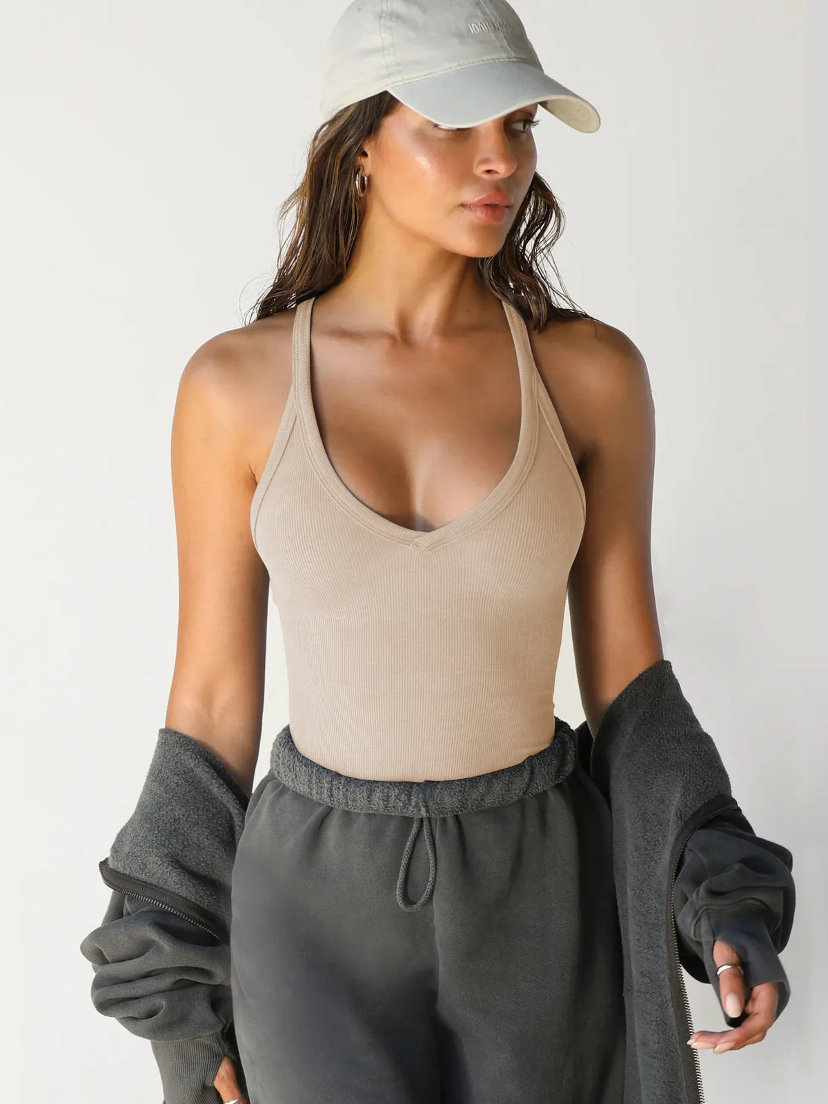 AURBYO women's Ribbed Halter Tank in Dust Storm