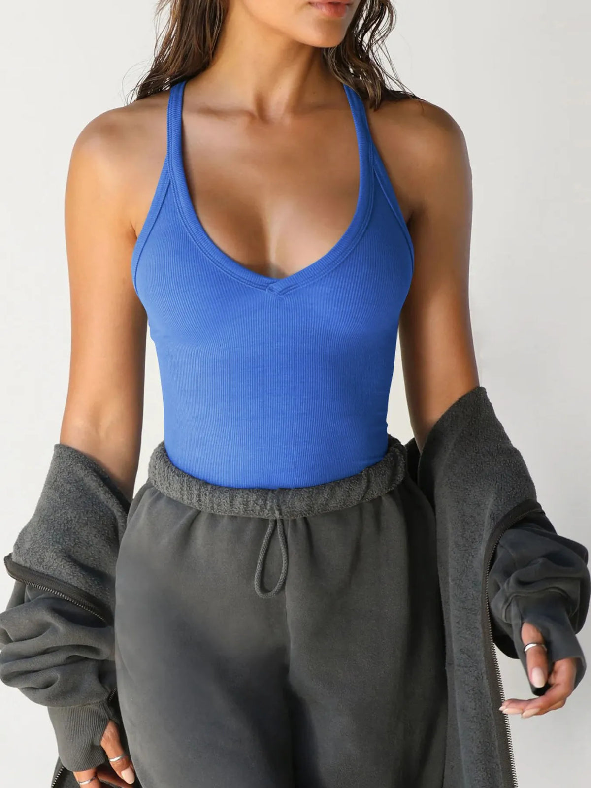 AURBYO women's Ribbed Halter Tank in Blue