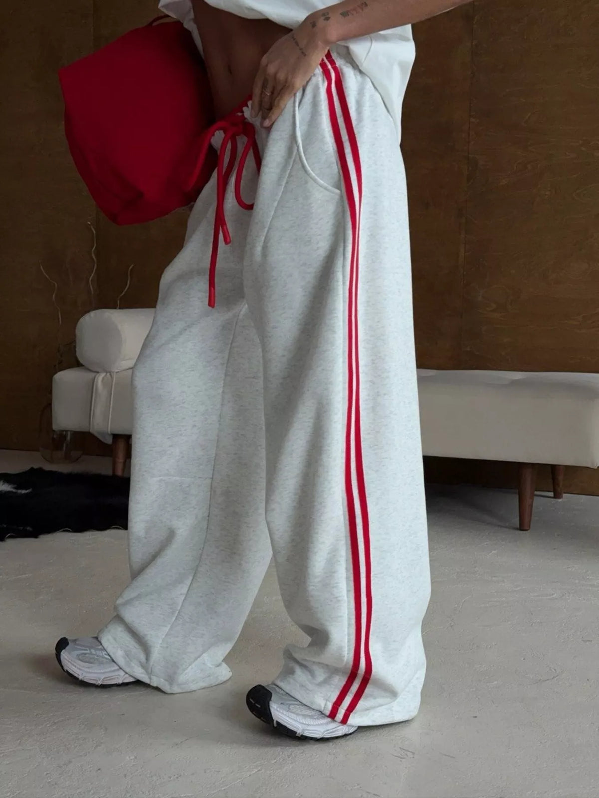 AURBYO women's Side-Stripe Wide-Leg Sweatpants in Light Gray
