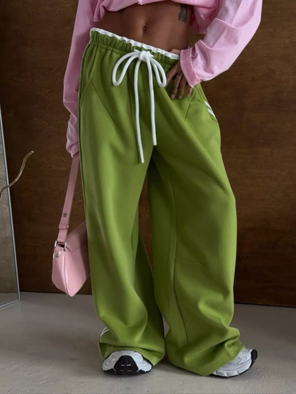 AURBYO women's Side-Stripe Wide-Leg Sweatpants in Green