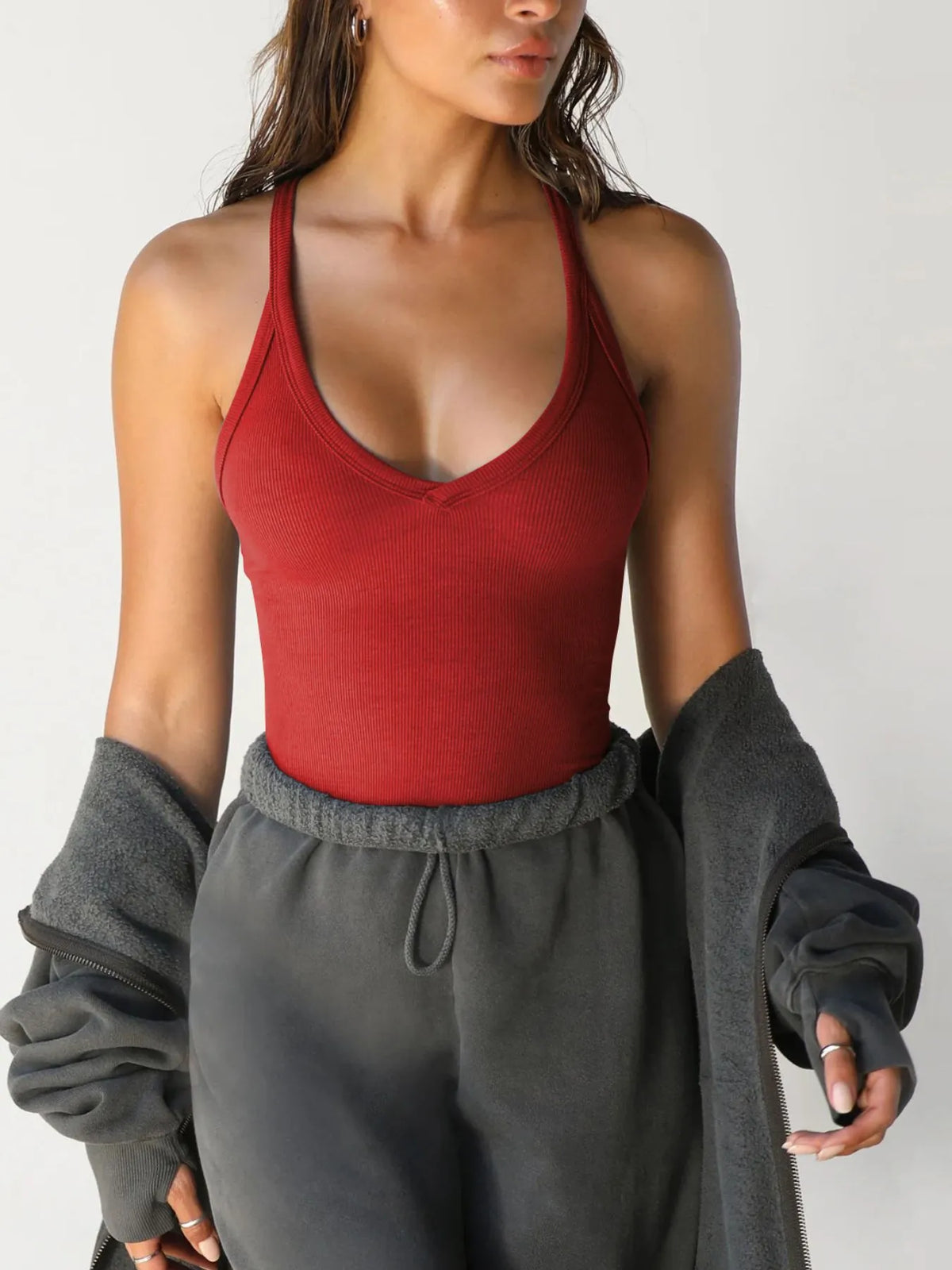 AURBYO women's Ribbed Halter Tank in Scarlet