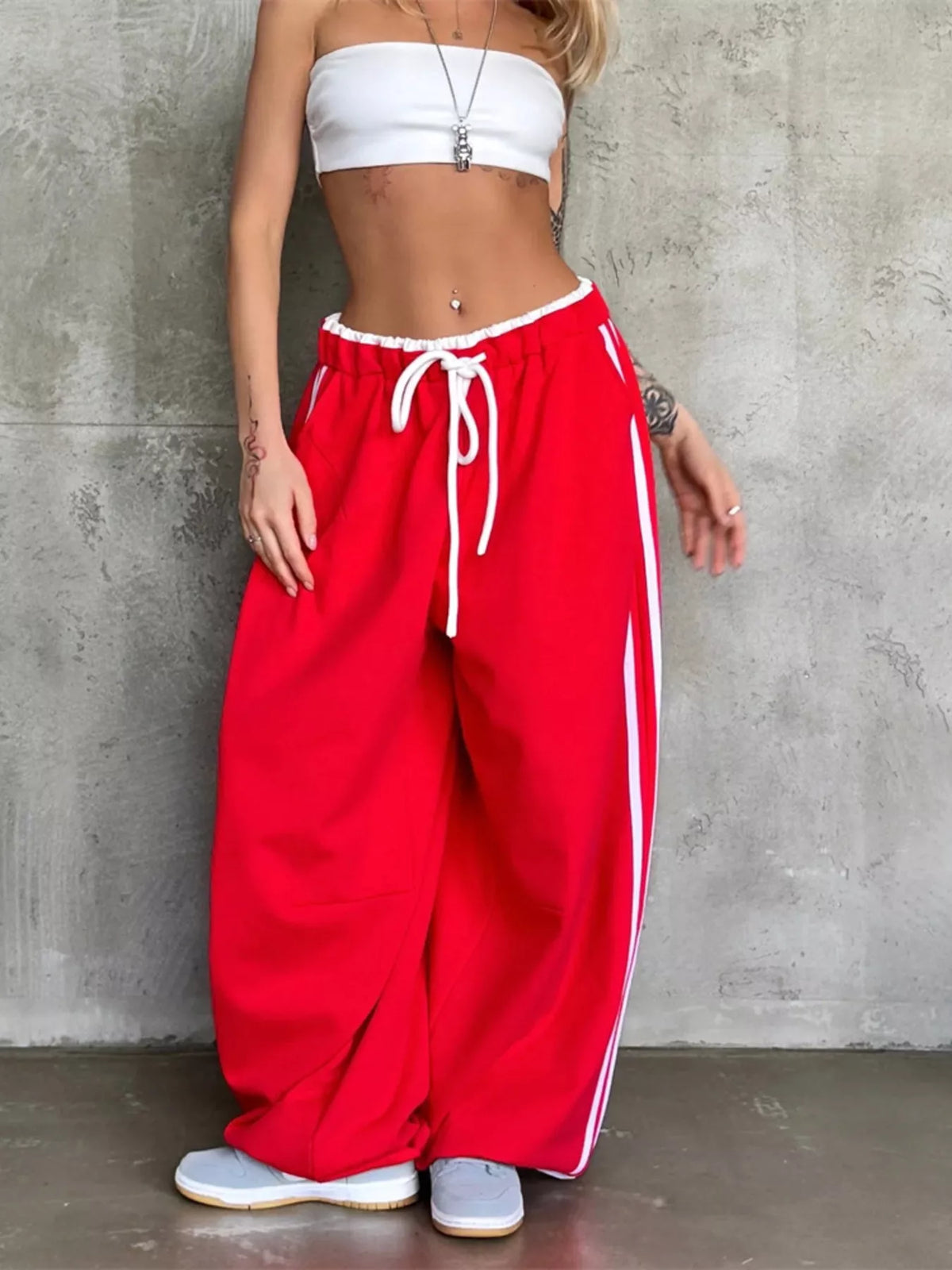 AURBYO women's Side-Stripe Wide-Leg Sweatpants in Red
