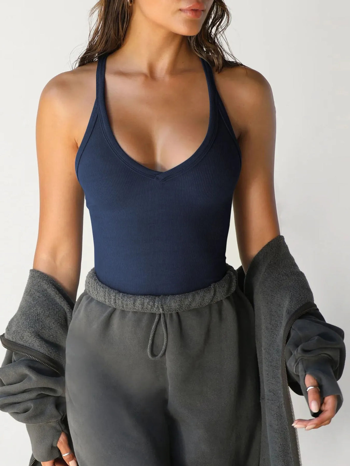 AURBYO women's Ribbed Halter Tank in Dark Navy