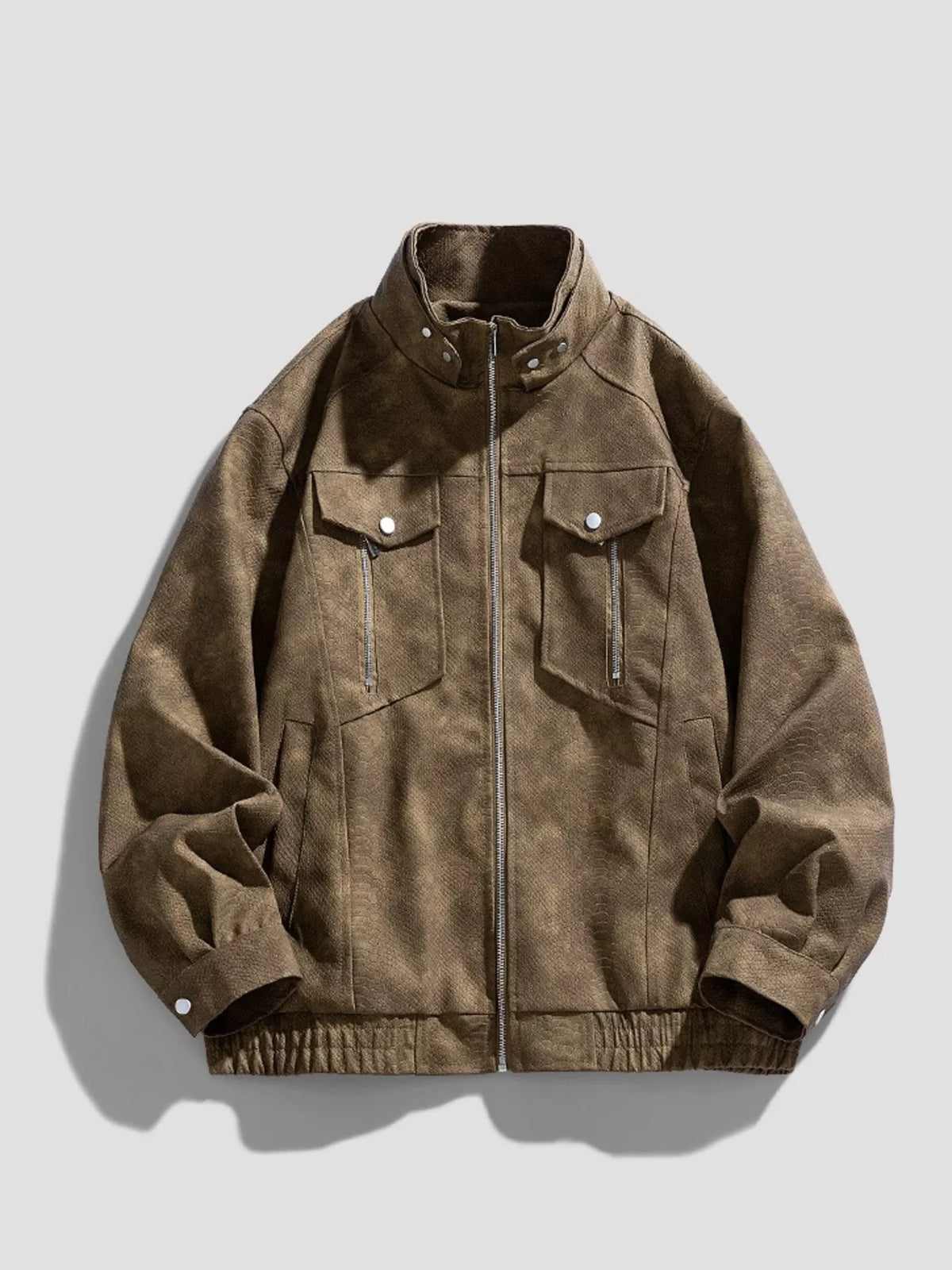 AURBYO men's Stand-Collar Zip Jacket in Brown