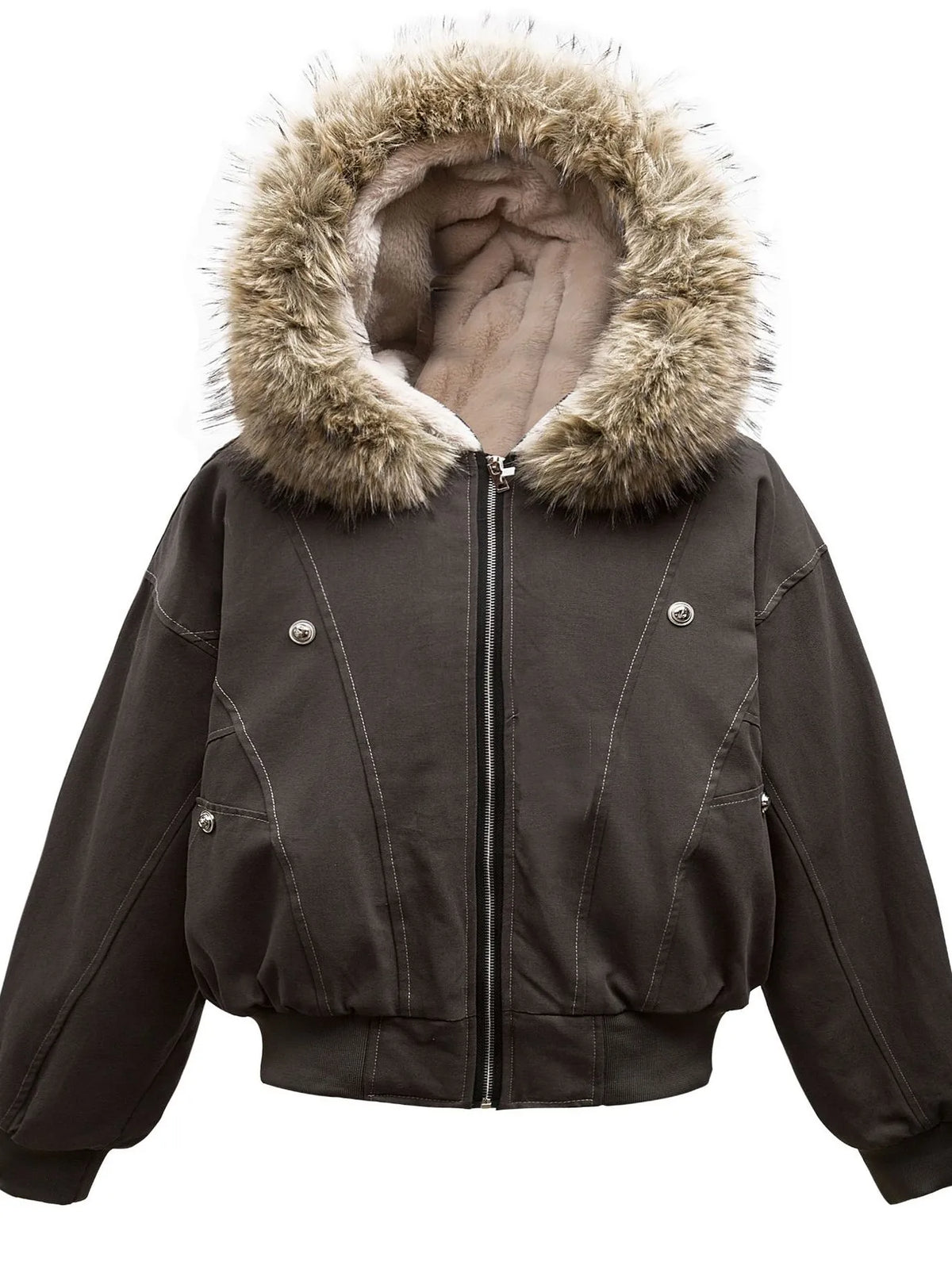 AURBYO men's Faux-Fur Hood Bomber in Grey