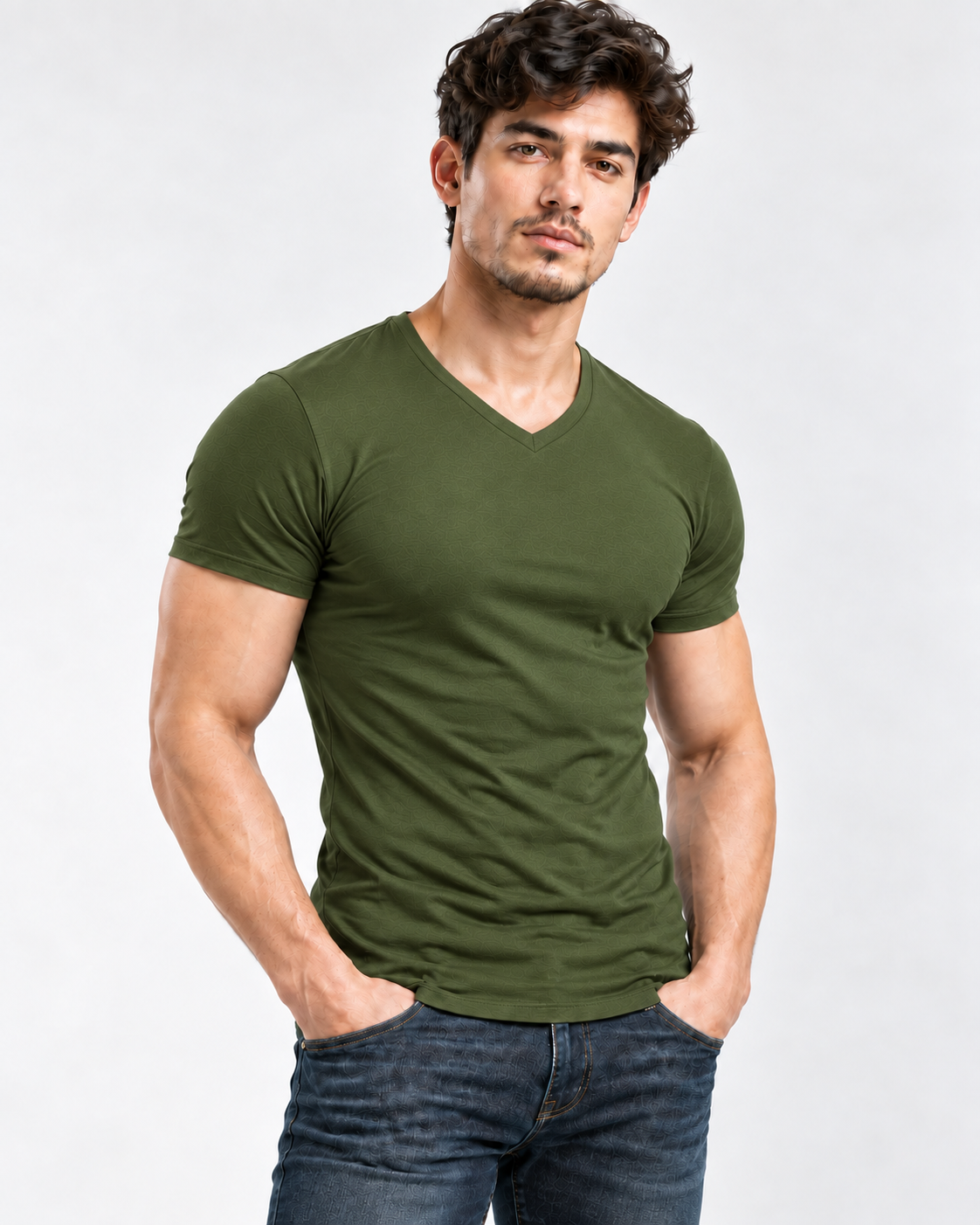 AURBYO men's Essential Tee in Army Green, V-neck