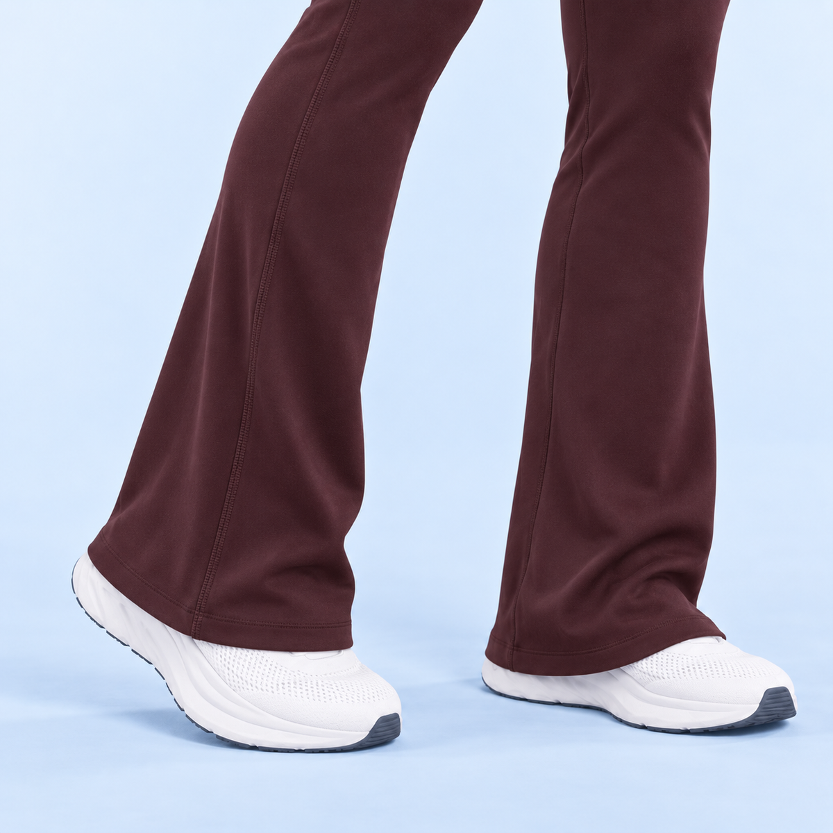 AURBYO women's Sculpt Flare Leggings in Deep Coffee, close-up of the flared hem