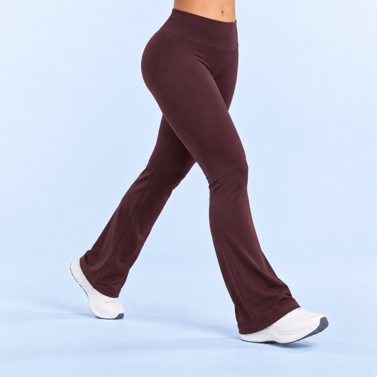 AURBYO women's Sculpt Flare Leggings in Deep Coffee, walking, side view