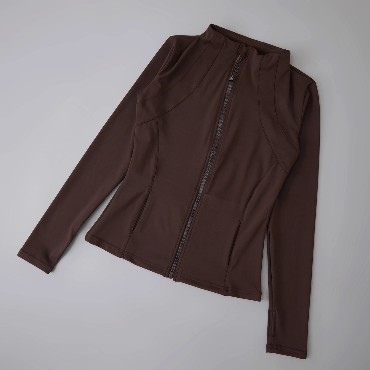 AURBYO women's Fitted Training Jacket in Dark Brown, straight hem