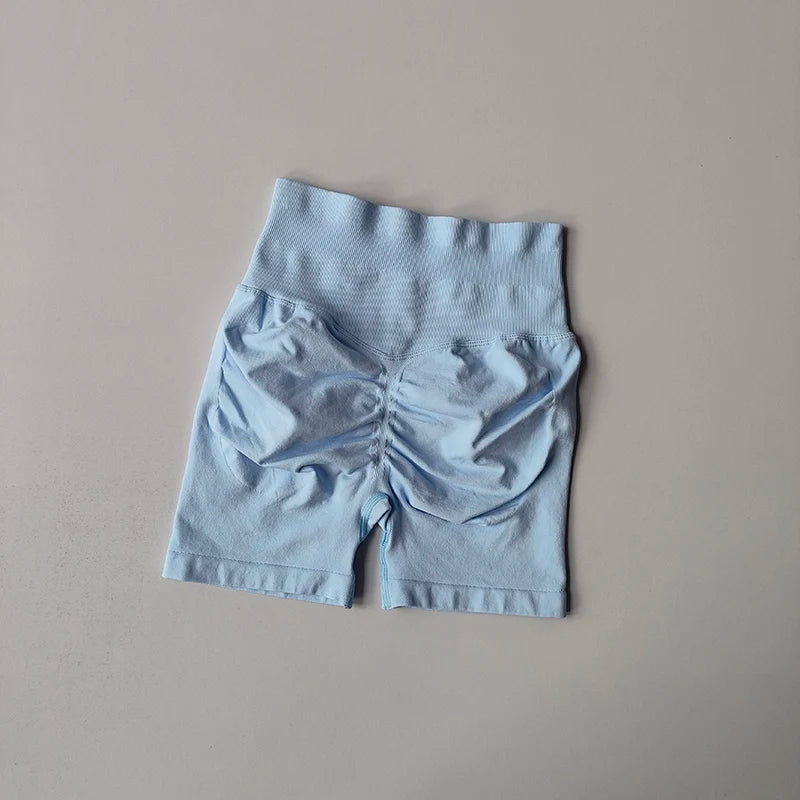 AURBYO women's Seamless Scrunch Shorts in Baby Blue, V-back