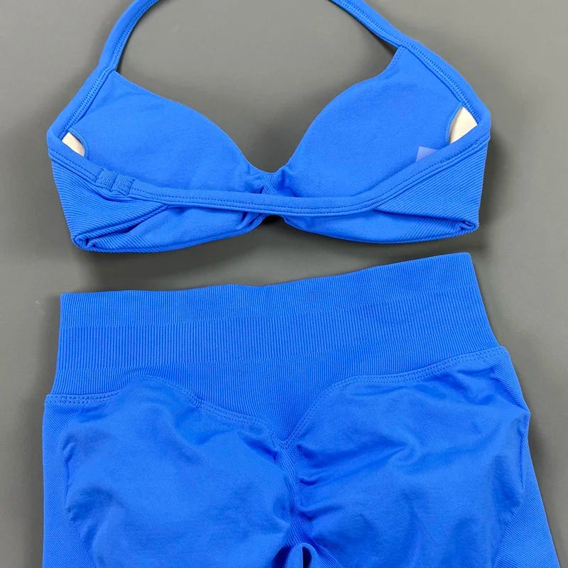 AURBYO women's Seamless Flare Set in Electric Blue, close-up of the halter bra and waistband