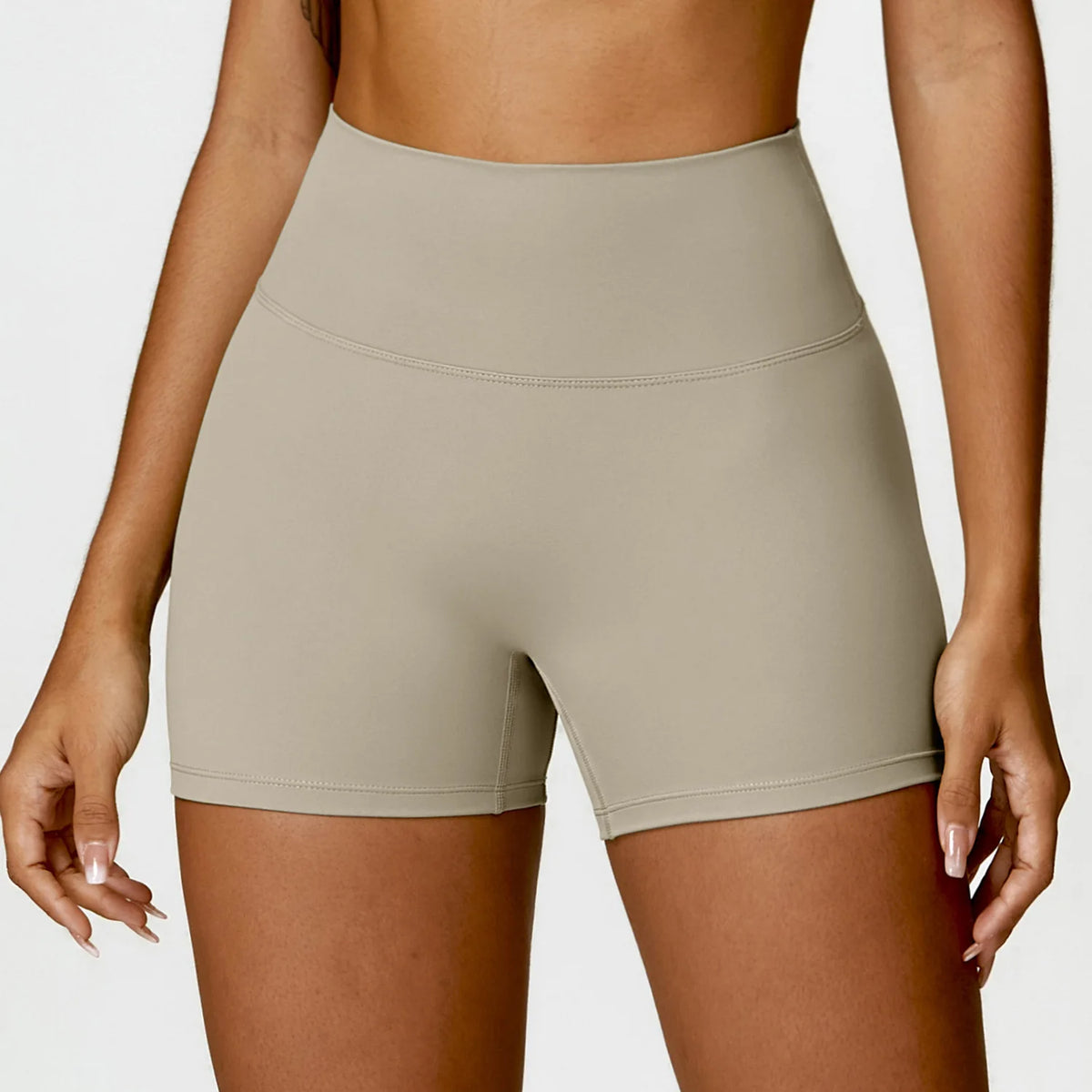 AURBYO women's Curved-Waist Training Shorts in Brown