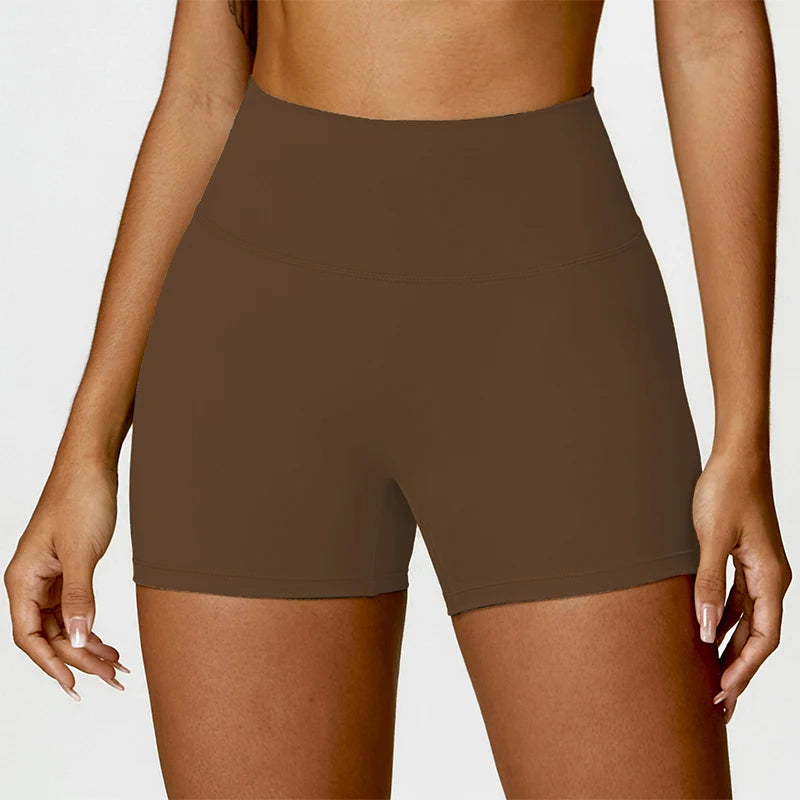 AURBYO women's Curved-Waist Training Shorts in Coffee