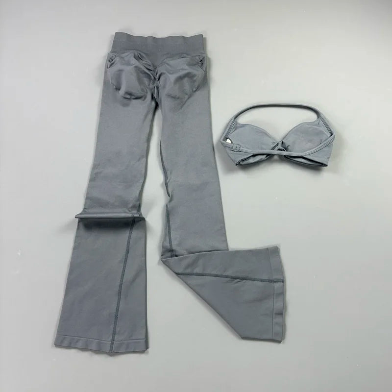 AURBYO women's Seamless Flare Set in Shark Gray, laid flat
