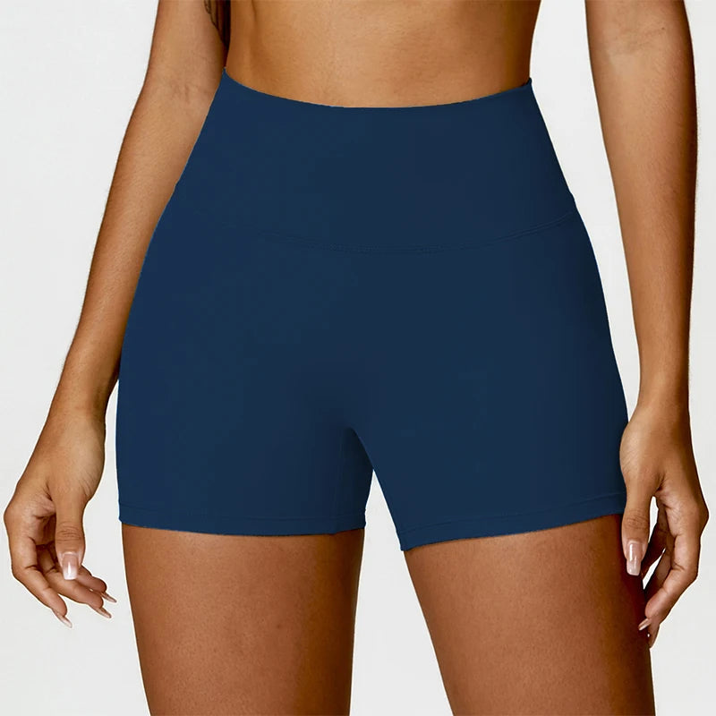 AURBYO women's Curved-Waist Training Shorts in Crest Blue