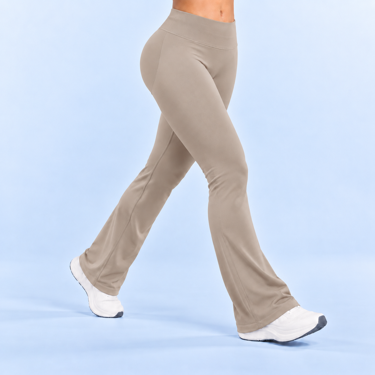 AURBYO women's Sculpt Flare Leggings in Taupe, side view