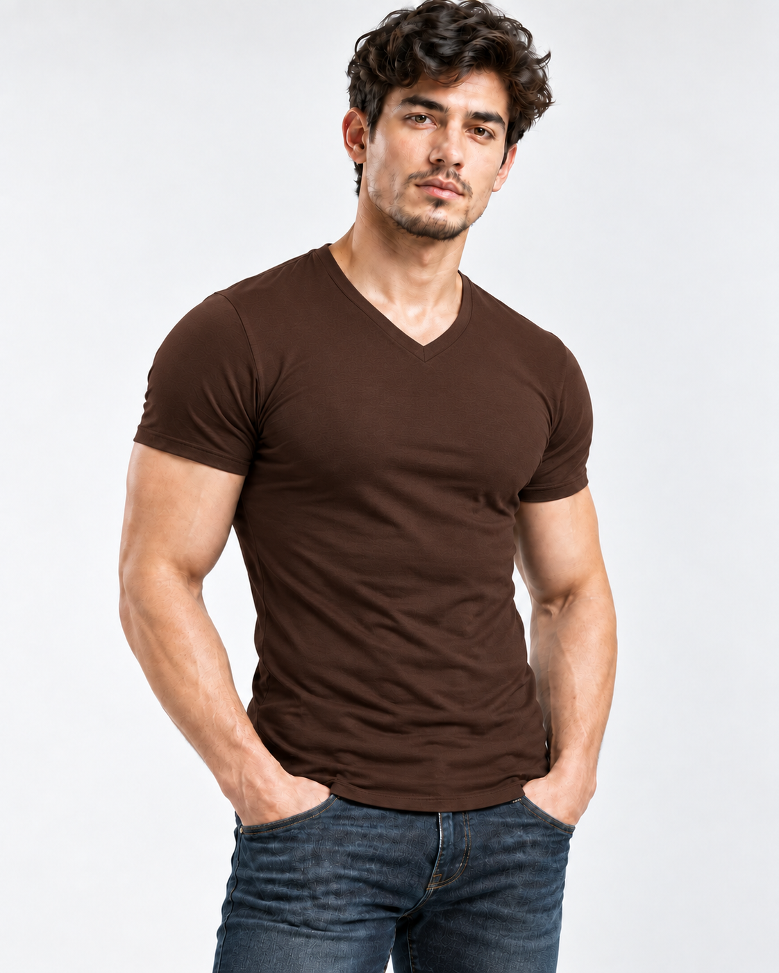 AURBYO men's Essential Tee in Coffee, V-neck