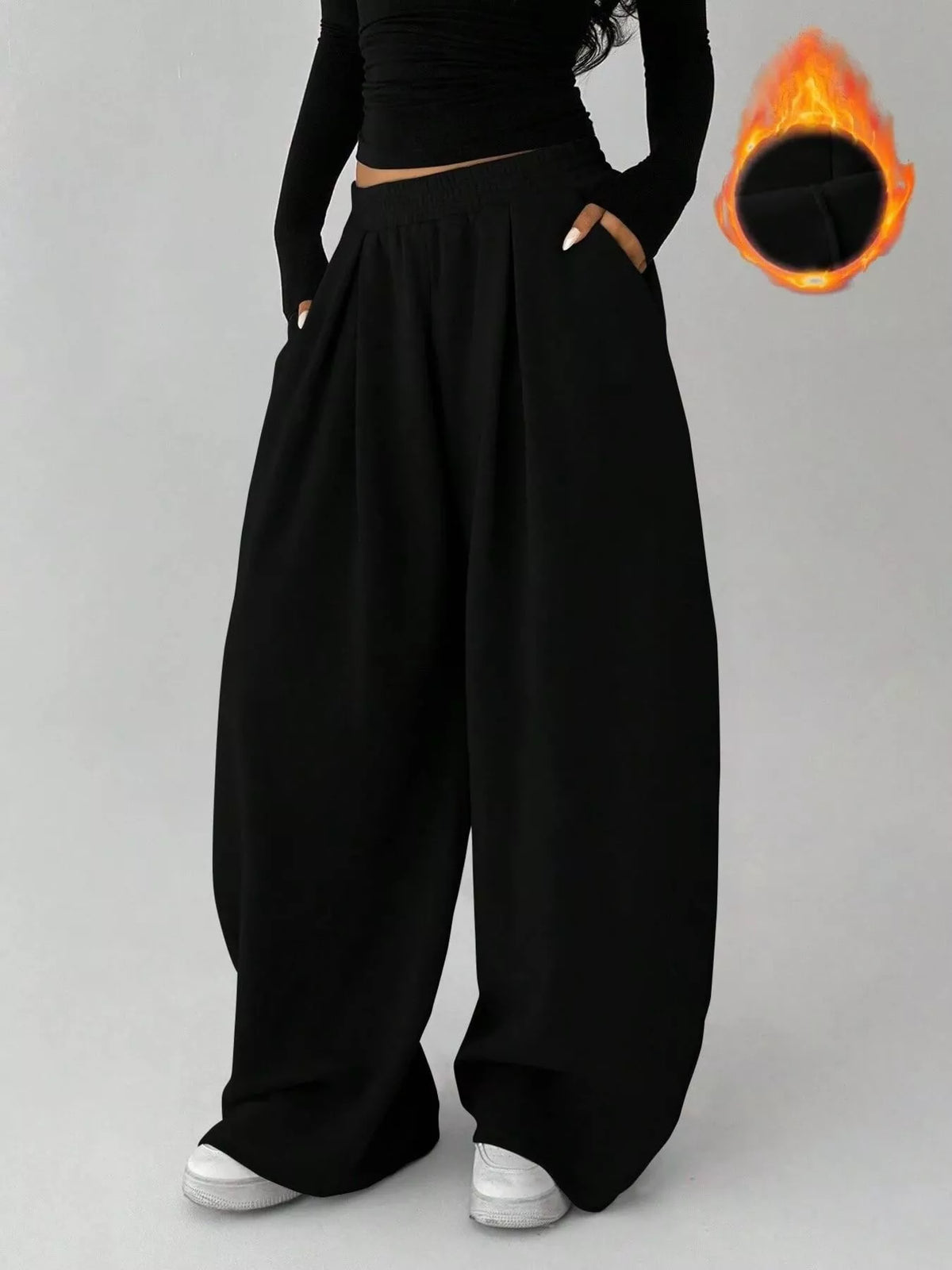 AURBYO women's Pleated Wide-Leg Sweatpants in Black