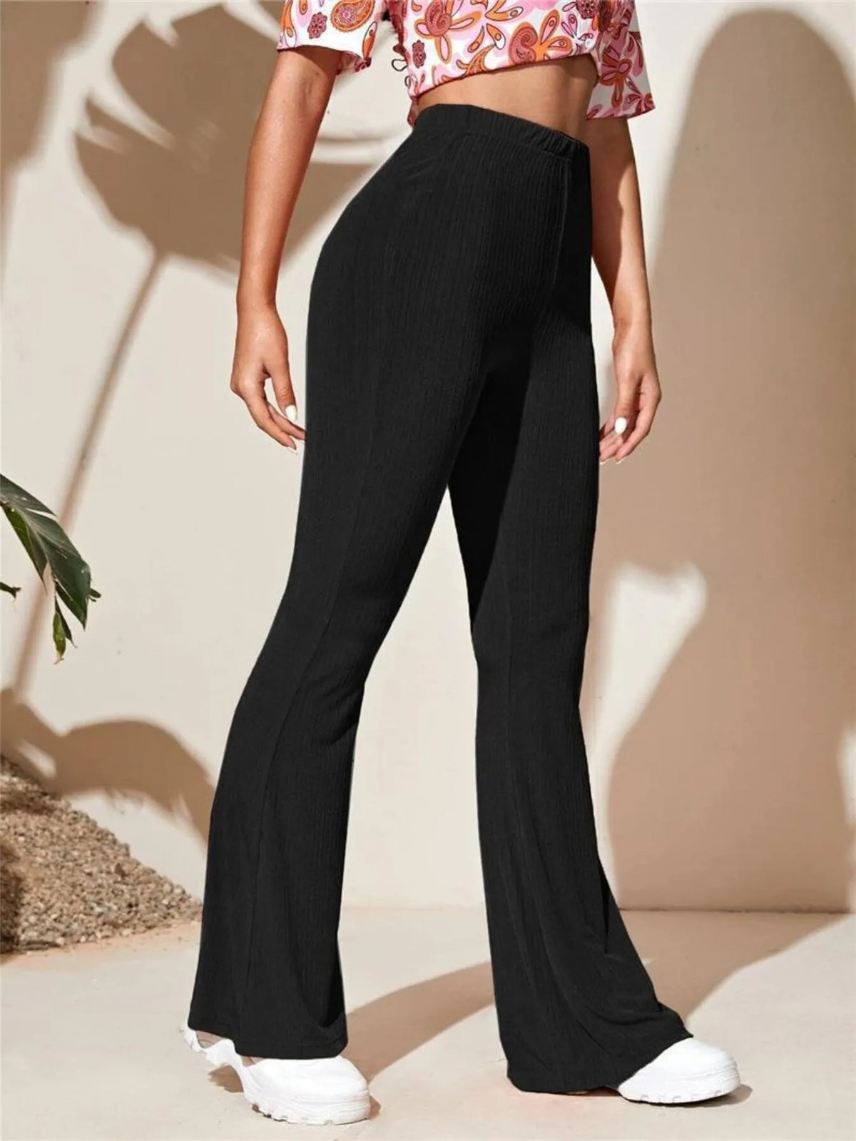 AURBYO women's Ribbed Flare Pants in Black