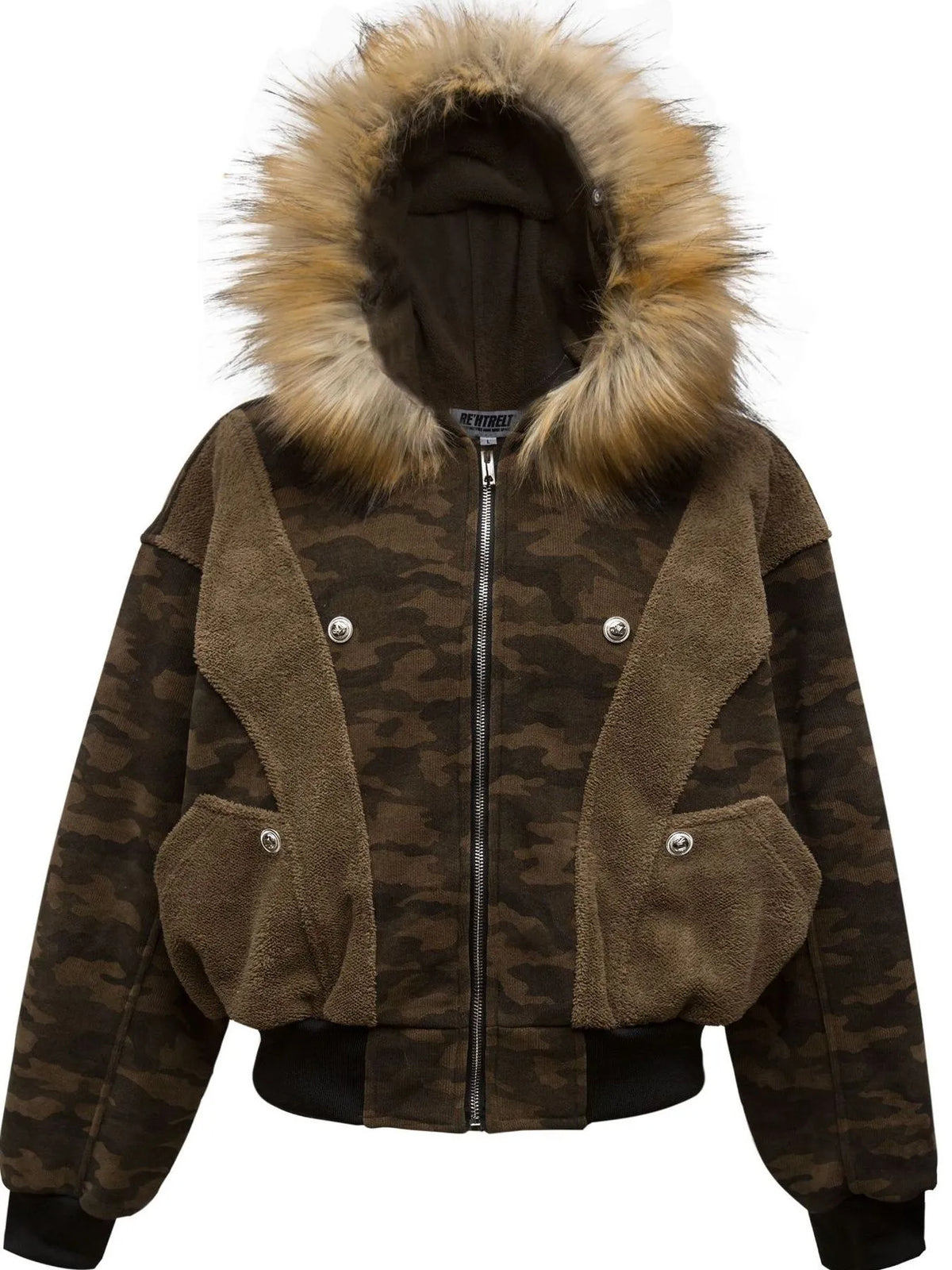 AURBYO men's Camo Faux-Fur Hood Jacket in Coffee Brown