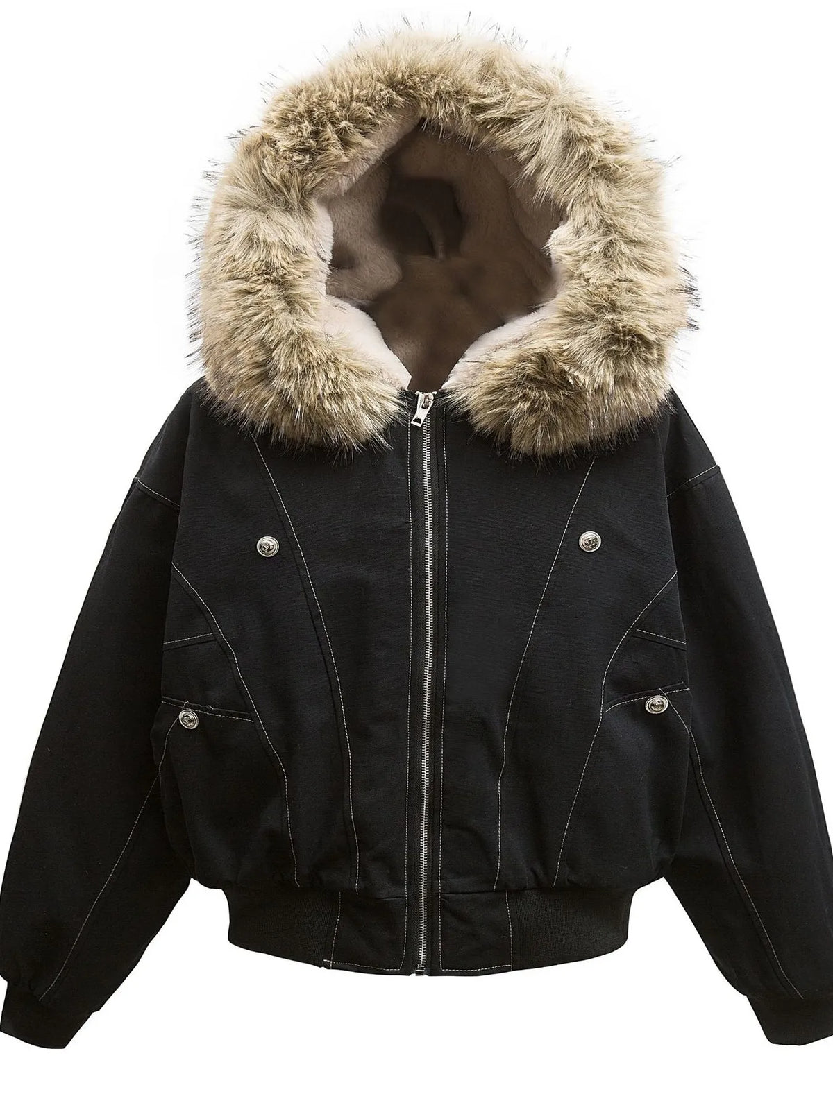 AURBYO men's Faux-Fur Hood Bomber in Black
