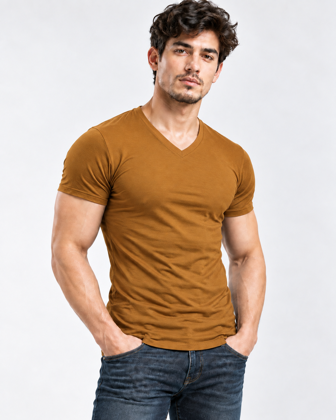 AURBYO men's Essential Tee in Brown, V-neck