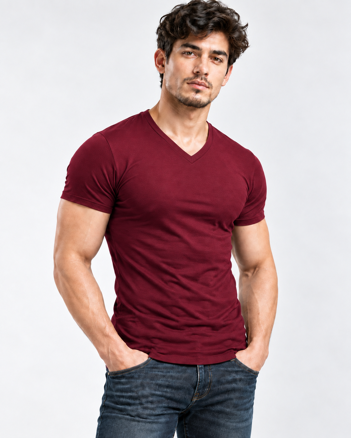 AURBYO men's Essential Tee in Wine Red, V-neck