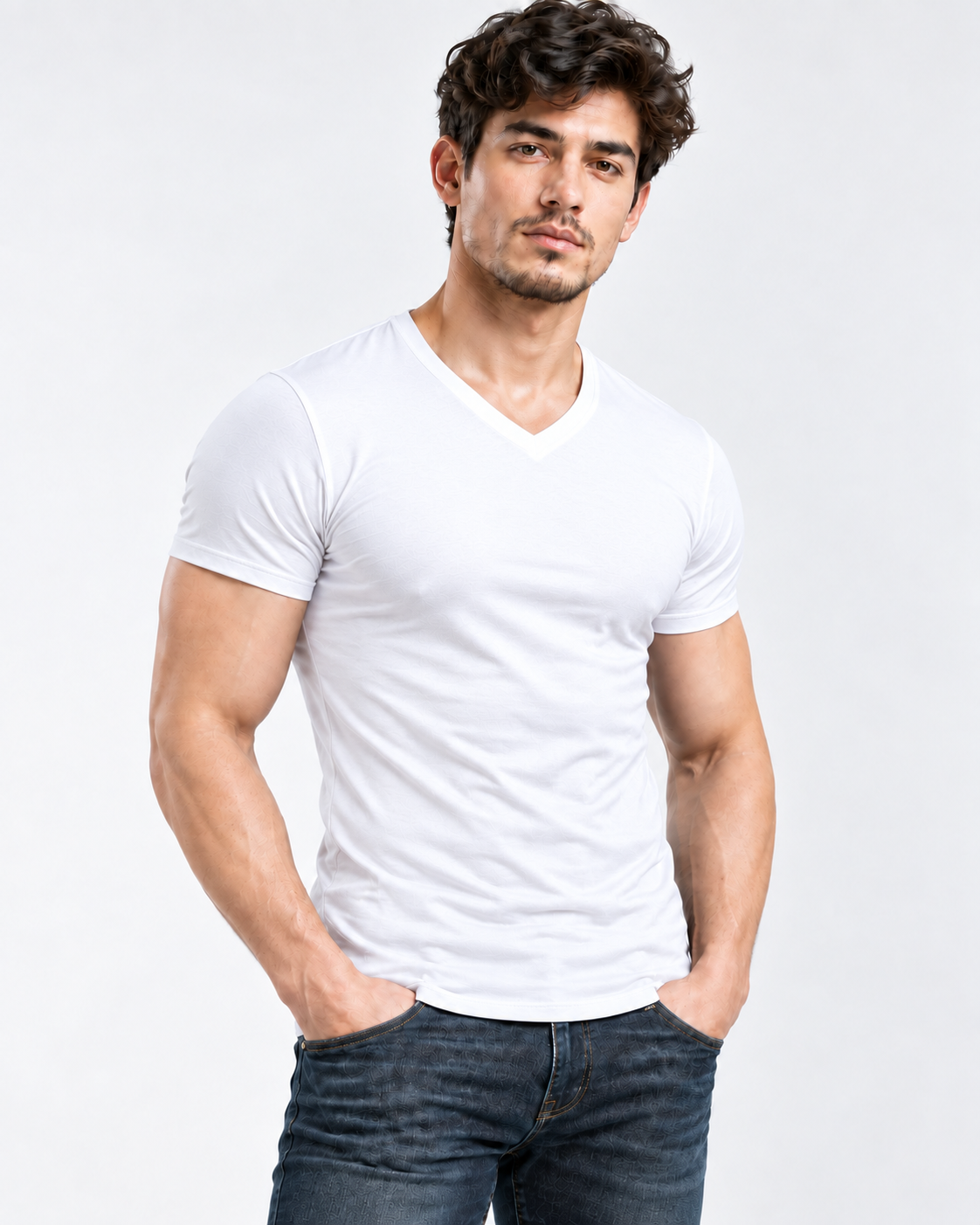 AURBYO men's Essential Tee in White, V-neck